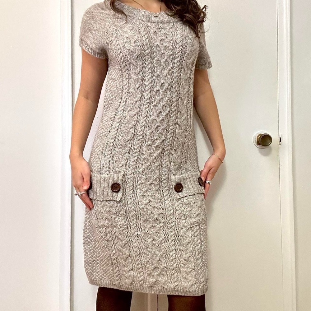 Alpaca Wool Cable Knit Dress with Bow Grey Size Large